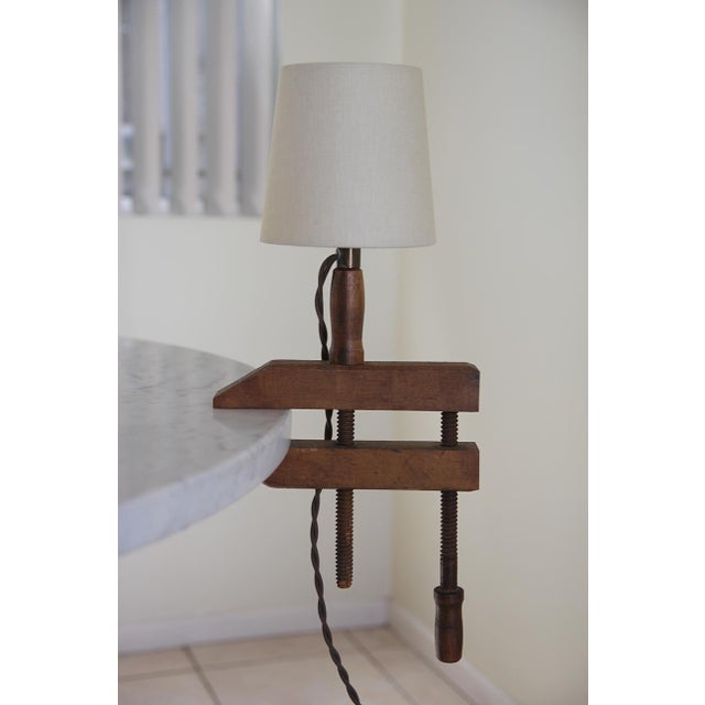 Wooden Handscrew Clamp Lamp With Shade by Understated Design Los Angeles For Sale - Image 4 of 13