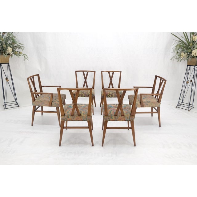 Set of 6 Tommy Parzinger Light Walnut Dining Chairs Lenor Larsen Upholstery MINT For Sale - Image 12 of 15