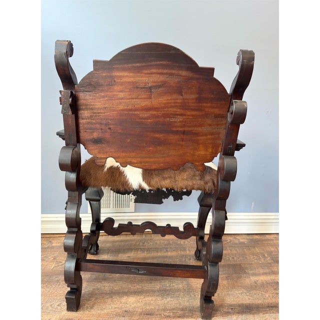 Wood Antique Renaissance Revival Carved Walnut Throne Chair, Cowhide Seat For Sale - Image 7 of 17