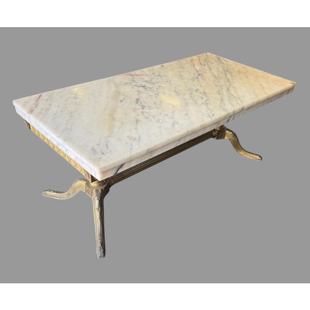 Vintage Marble Top Coffee Table W/ Brass Base Hollywood Regency Neoclassical For Sale - Image 6 of 8
