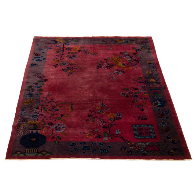 Antique Art Deco Handmade Chinese Wool Rug in Burgundy Red For Sale - Image 4 of 10