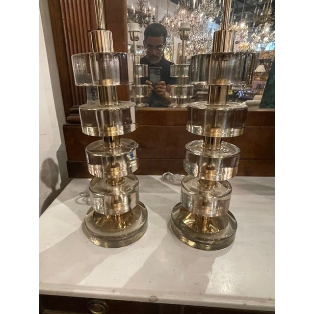 Pair of Murano Clear Glass and Brass Disc Lamps For Sale - Image 10 of 10