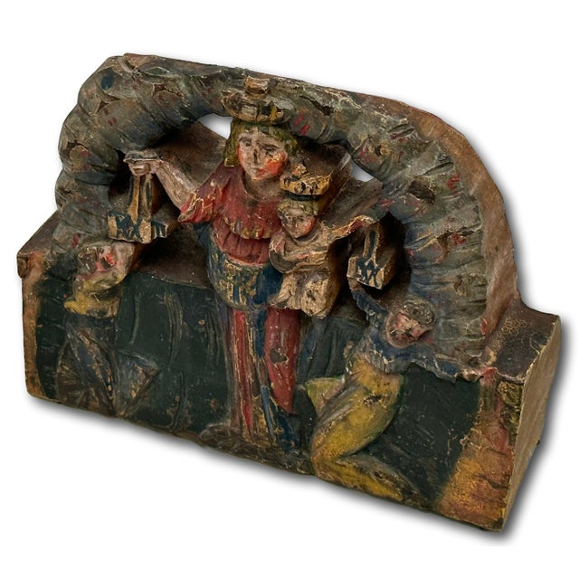 Unusual Antique Italian Hand Carved & Painted Wood Madonna & Child Sicilian Donkey Cart Fragment - Weighted for Doorstop For Sale - Image 10 of 18
