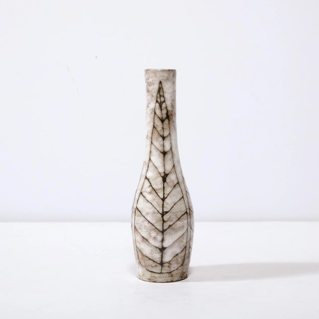 Mid-Century Modern Mid-Century Modernist White and Earth Toned Tapered Ceramic Vase With Leaf Motif For Sale - Image 3 of 13
