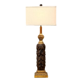 Vintage Hand-Carved Acanthus Wood Table Lamp With Linen Box Shade For Sale