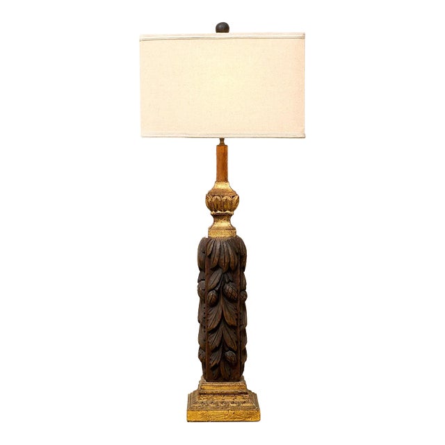 Vintage Hand-Carved Acanthus Wood Table Lamp With Linen Box Shade For Sale