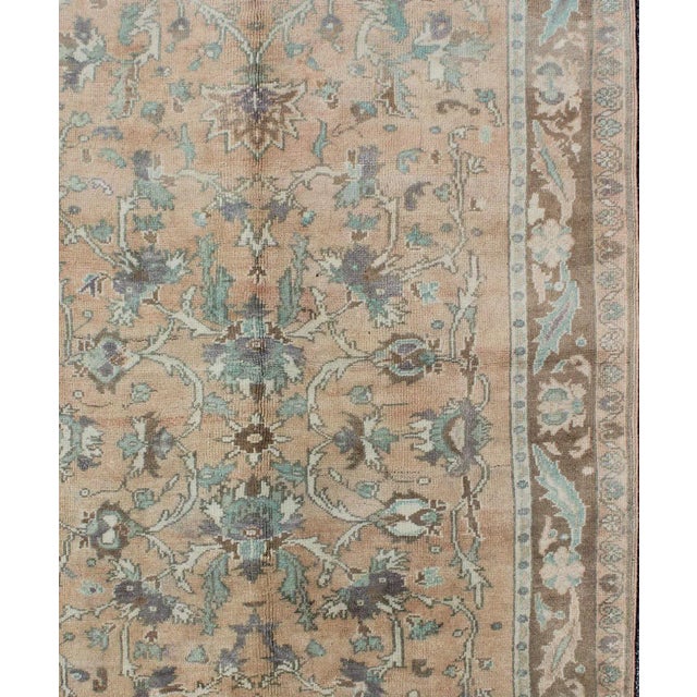 Elegant floral vintage Turkish Oushak rug in cream, green, peach, and brown, rug enc-4090, country of origin / type:...