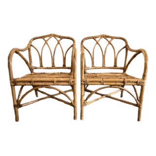 Pair of Mid 20th Century Art Deco Bamboo Stylized Lounge Chairs, Gothic Lines For Sale