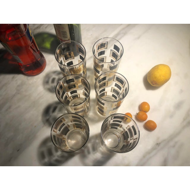 1960s Vintage Cera Cora Black and 24k Gold Squares Highball Glasses -Set of 6 For Sale - Image 5 of 8