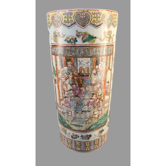Early 20th Century Asian Famille Rose Umbrella Stand, Hand Painted Figural Marked For Sale - Image 4 of 12