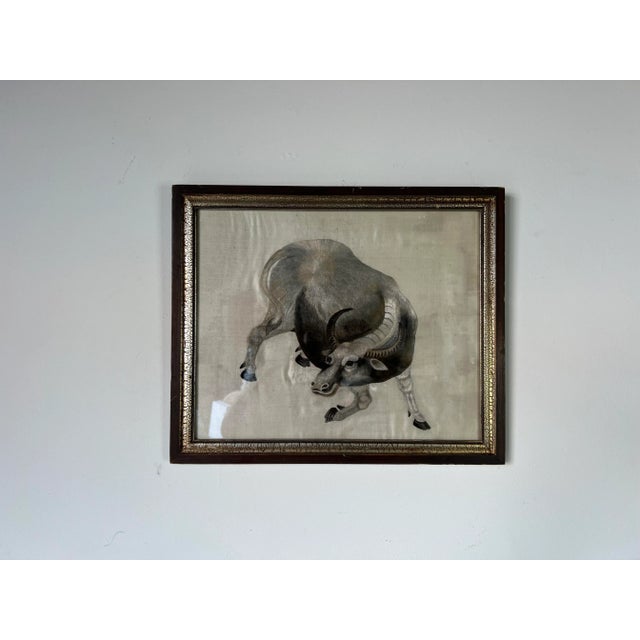 Abstract Vintage Silk Embroidery Cow - Framed Wall Art/ Sold For Sale - Image 3 of 11