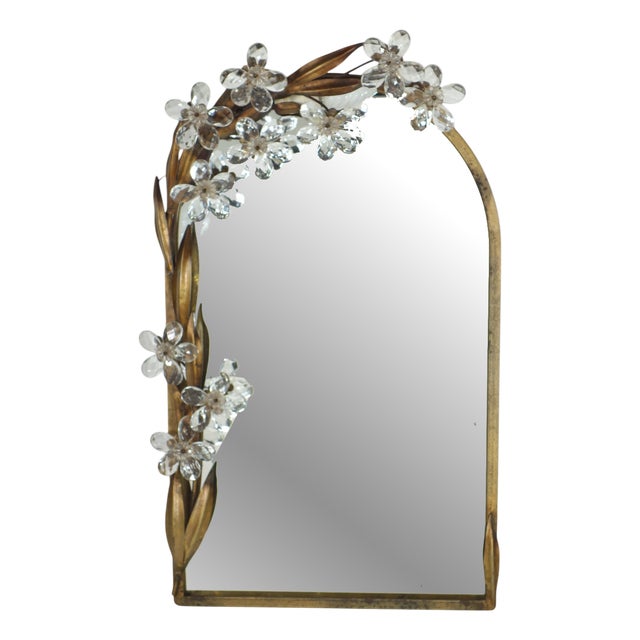 Italian Glass Flowers Gold Metal Mirror with Lamp from Banci, Firenze, 1970s For Sale