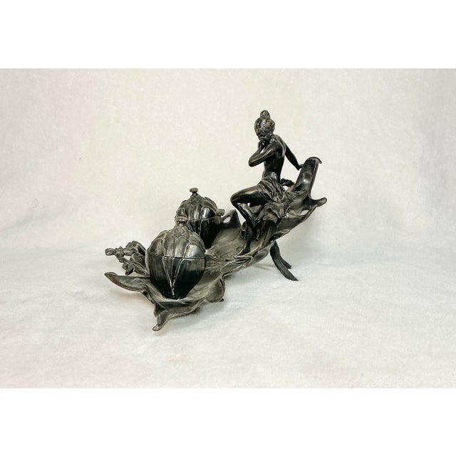 Late 19th Century Antique Art Nouveau Pewter Double Inkwell Naked Woman Dragonfly, C. 1880s-1900s For Sale - Image 5 of 12