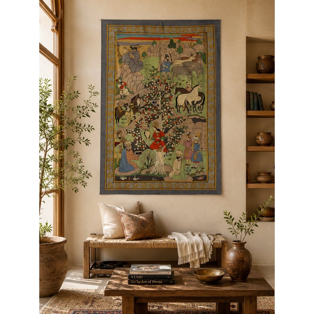 A beautifully detailed handcrafted tapestry inspired by Persian and Mughal miniature paintings, depicting an enchanting...