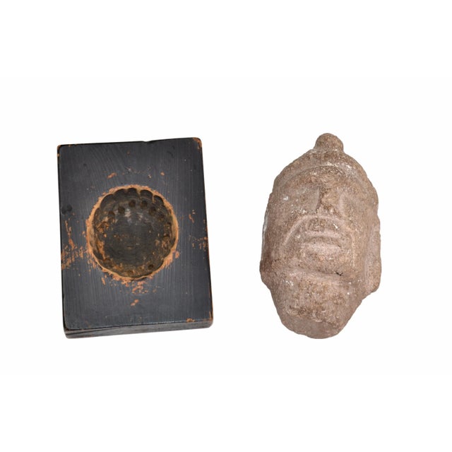 Figurative Vintage Hand Sculpted Stone Head Sculpture on Formfit Hand Carved Wooden Base For Sale - Image 3 of 11