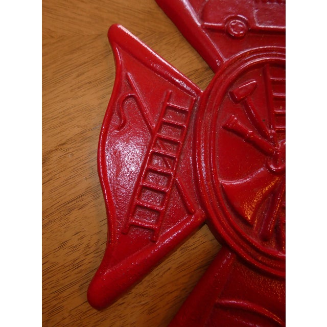Metal Vintage Red Painted Firemen Wall Plaque ~ Cast Iron Plaque For Sale - Image 7 of 9