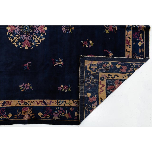 Art Deco Antique Art Deco Chinese Wool Rug With Indigo Field and Lotus Medallions 9x11 For Sale - Image 3 of 12