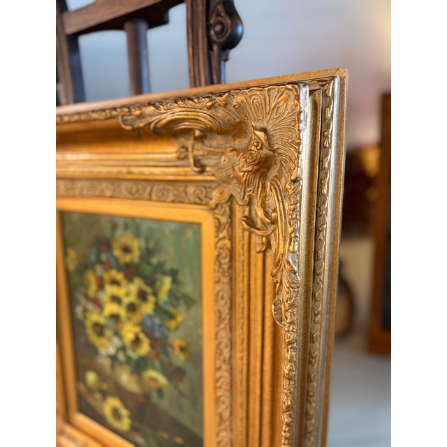 English Mid 20th Century Framed, Signed Oil on Canvas Painting, Still-Life of Sunflowers For Sale - Image 3 of 12