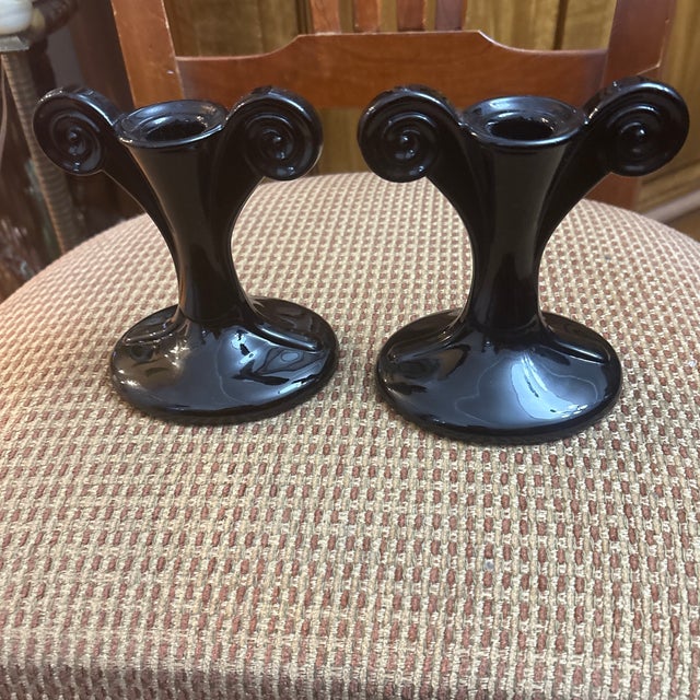 Art Deco Fostoria Art Deco Ebony Glass Consul Bowl With Matching Candlestick Holders by George Sakier Circa 1925 For Sale - Image 3 of 4