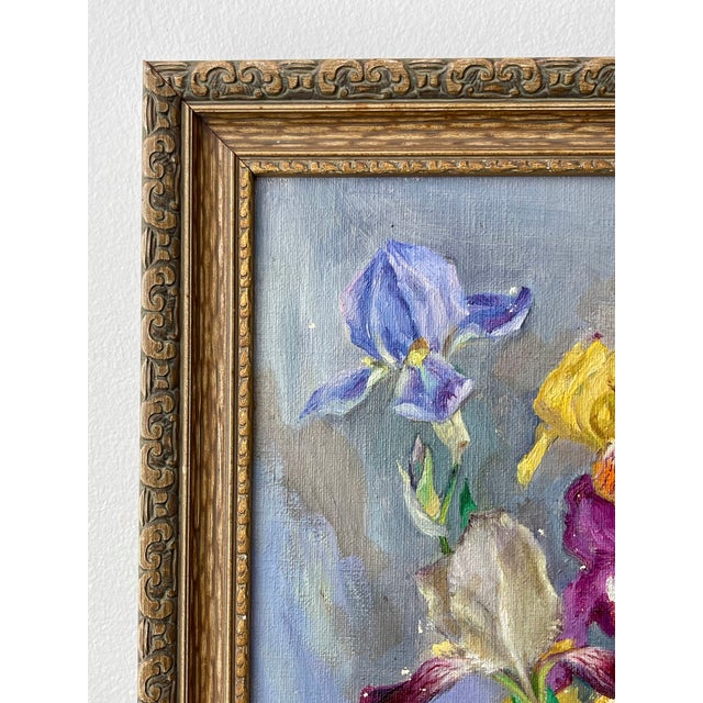 Early 20th Century Oil Painting Colorful Still Life of Irises in a Blue Vase For Sale - Image 4 of 15
