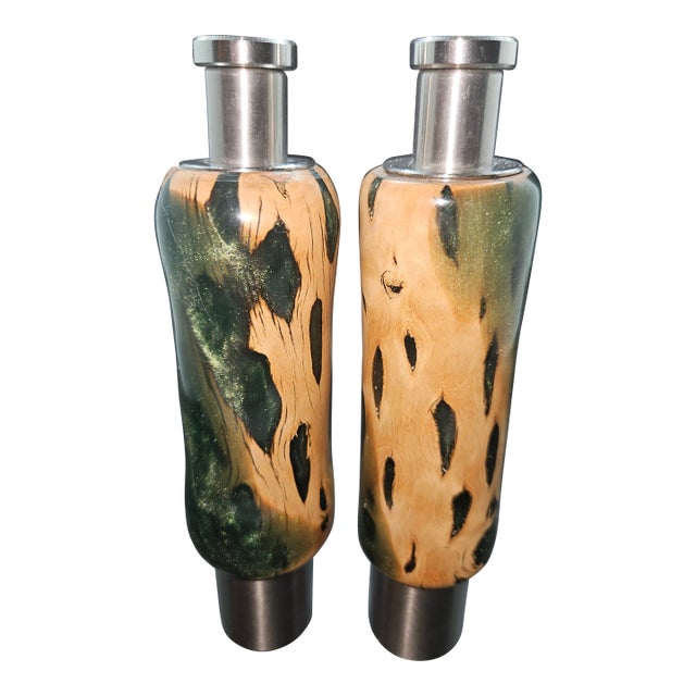 Handcrafted One-Handed Salt and Pepper Mills Featuring Unique Cholla Cactus Wood Cast in Resin With Stainless Steel Components For Sale