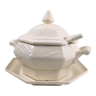 1950s White Unmarked Soup Tueen With Matching Lid, Underplate and Ladle For Sale