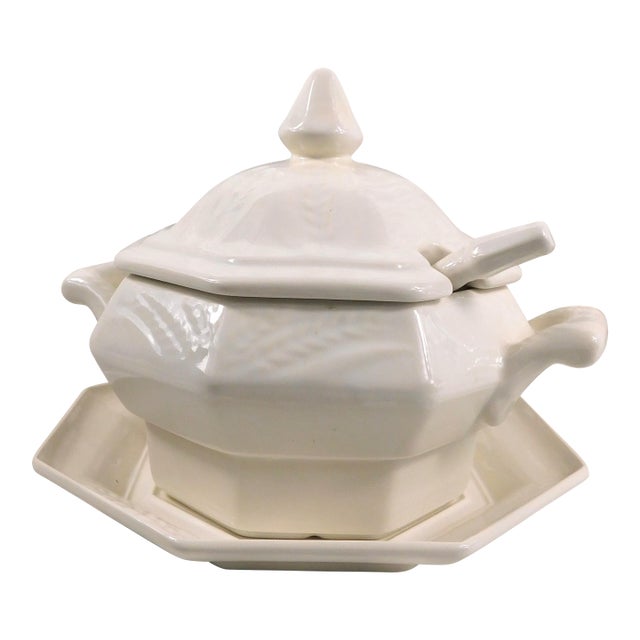 1950s White Unmarked Soup Tueen With Matching Lid, Underplate and Ladle For Sale