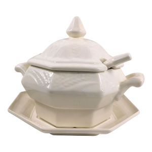 1950s White Unmarked Soup Tueen With Matching Lid, Underplate and Ladle