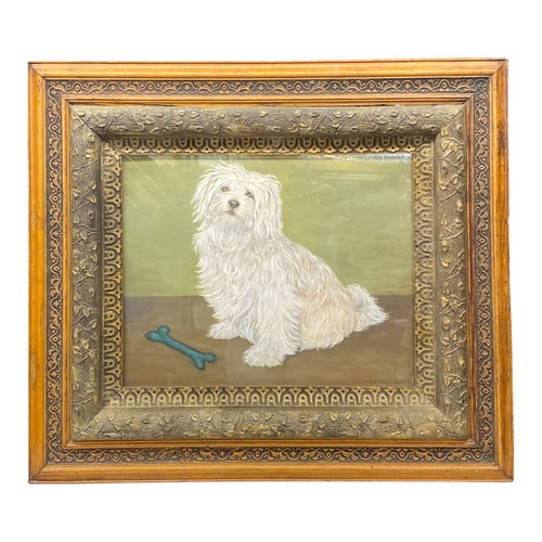 Mid 20th Century Large Signed English Portrait of a White Maltese Terrier Dog