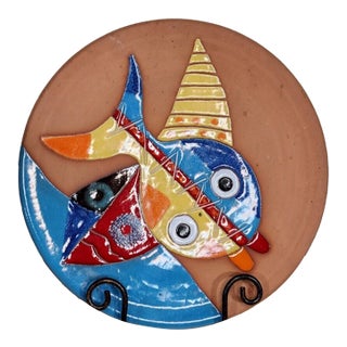 Fun, Colorful Vintage Enameled Artist-Signed Studio Pottery Fish Plate For Sale