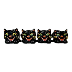 1990s Vintage Art Deco Majolica Halloween Black Cat Coffee Mugs - Set of 4