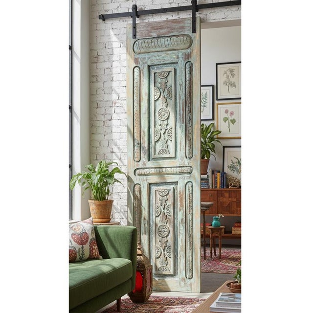 Vintage Hand-Carved Wooden Sliding Barn Door – Distressed Green Hues Rustic Interior Door Panel 96x30 For Sale In Orlando - Image 6 of 6