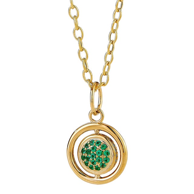 Syna Yellow Gold Reversible Charm Pendant with Emeralds and Diamonds For Sale
