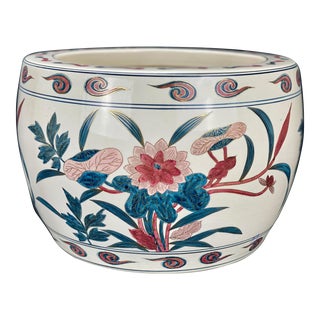 Vintage Japanese Porcelain Floral Motif Jardiniere Planter For Sale