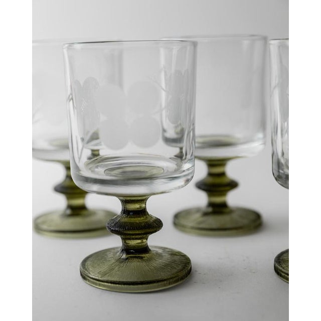 Vintage Etched Floral Clear Wine Glasses with Olive Green Stems, Set of 5 For Sale - Image 5 of 13