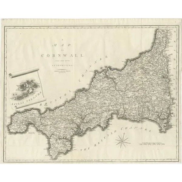 Antique map titled 'A Map of Cornwall from the best Authorities'. Original old county map of Cornwall, England. with inset...