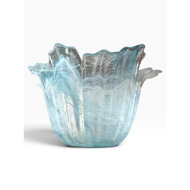 Striking vintage blue art glass bowl with a dramatic sculptural silhouette and highly expressive freeform rim. The...
