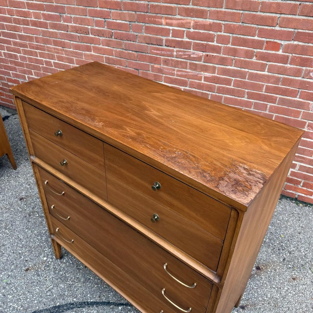 Wood Vintage Mid Century Broyhill Forward Walnut Highboy Dresser For Sale - Image 7 of 11