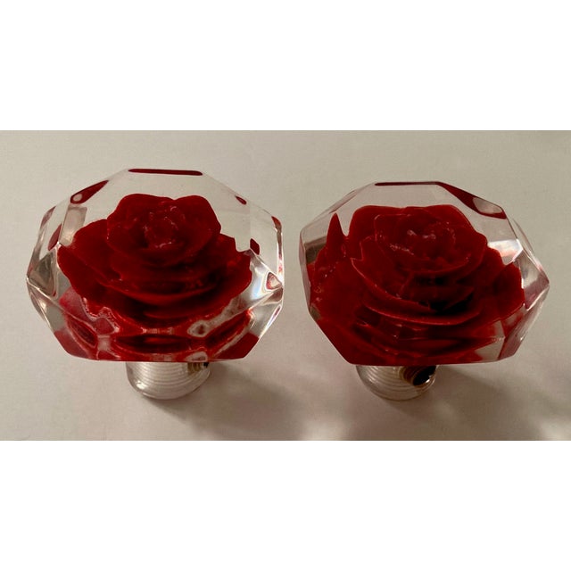 1960s 1960s Rose Imbedded Lucite Knobs - A Pair Nos For Sale - Image 5 of 5