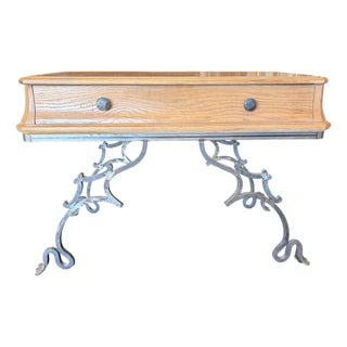 Iron Base and Wood Top Side Table For Sale
