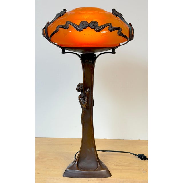 Art Nouveau Style Figural Bronze Lamp Loetz Style Orange Art Glass Shade, 20th C For Sale - Image 9 of 18
