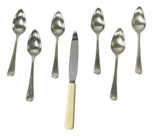 English Silver-Plated Grapefruit Serrated Knife and Spoons, 1950s, Set of 7