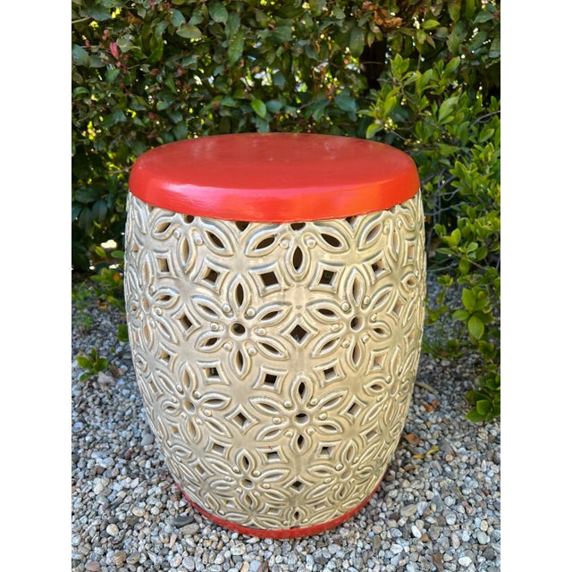 Orange Top Ceramic Detailed Garden Stool or Side Table For Sale - Image 12 of 13