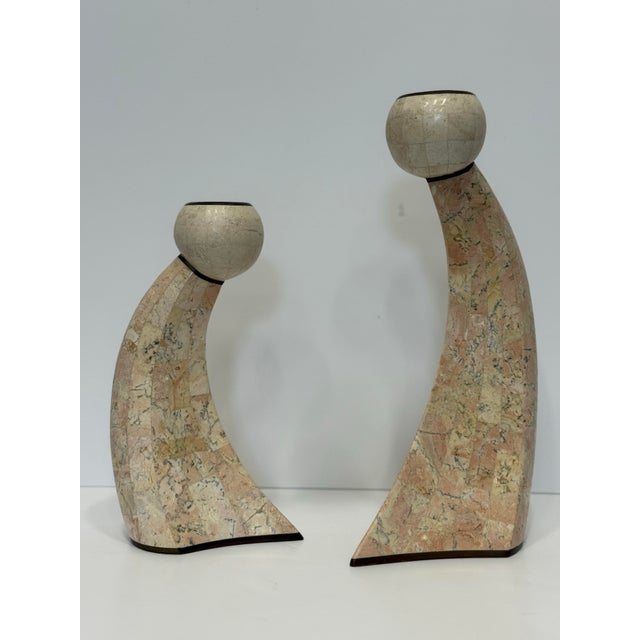 Maitland - Smith 1980’s Sculptural Postmodern Maitland Smith Tessellated Stone & Brass Inlaid Candle Holders For Sale - Image 4 of 9