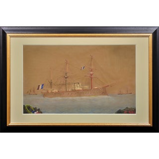 French Navy Ironclad Warship, Early 20th Century, Gouache & Watercolor on Paper For Sale