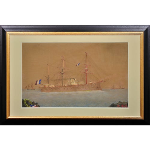 French Navy Ironclad Warship, Early 20th Century, Gouache & Watercolor on Paper For Sale