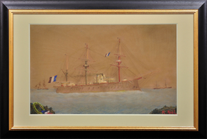 French Navy Ironclad Warship, Early 20th Century, Gouache & Watercolor on Paper