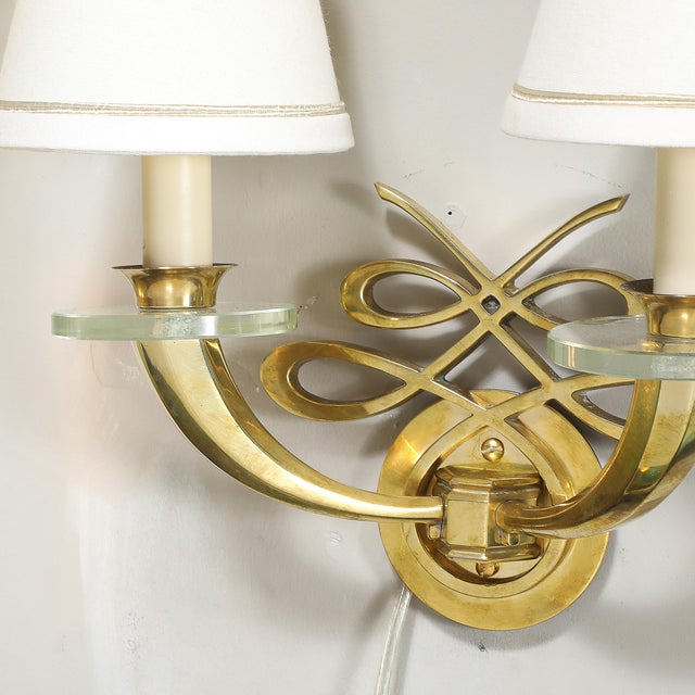Pair of Art Deco Jules Leleu Polished Brass & Glass Ribbon Sconces For Sale - Image 12 of 12