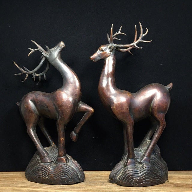 Solid Copper Pair of Lucky Wealth Deer (Zhaocai Lu) - Heavy Bronze Deer Figurines With Antlers For Sale - Image 9 of 9