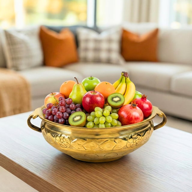 Dimensions: 12" W X 10" D X 4" H Bowl size with handle - 12" Wide Interior bowl dimension - 10" diameter Features: • Brass...